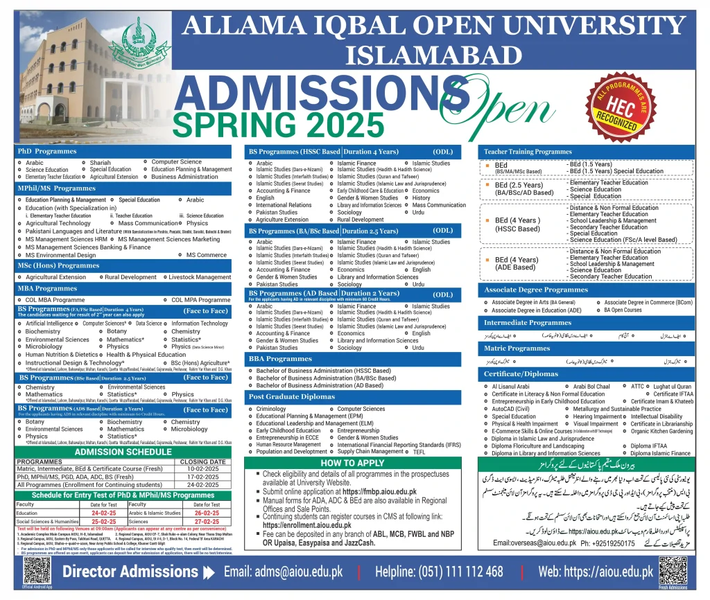 AIOU FA/Intermediate admission last date