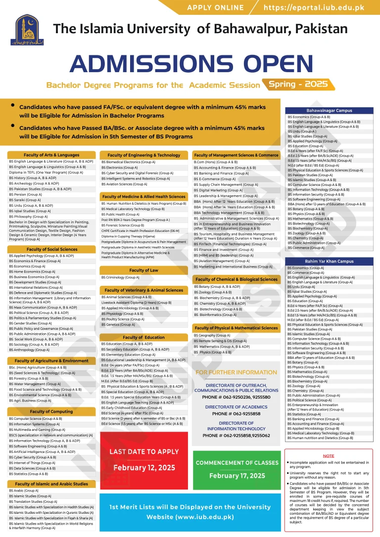 Last Date of IUB Admission 2025 MS/MSc/MBA/MPhil & PhD