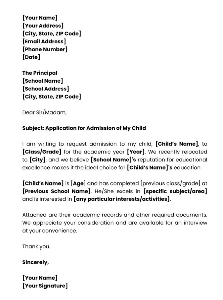 admission application for school