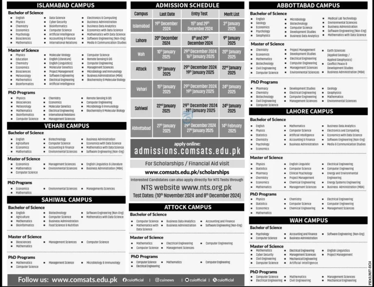 COMSATS Admission 2025 Last Date