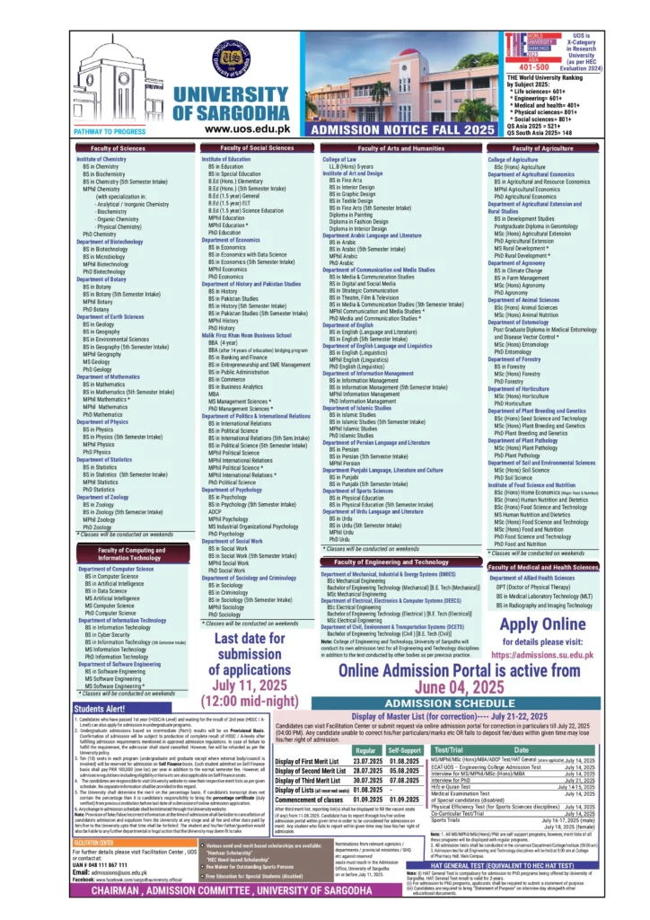 Sargodha University Admission 2025 advertisement