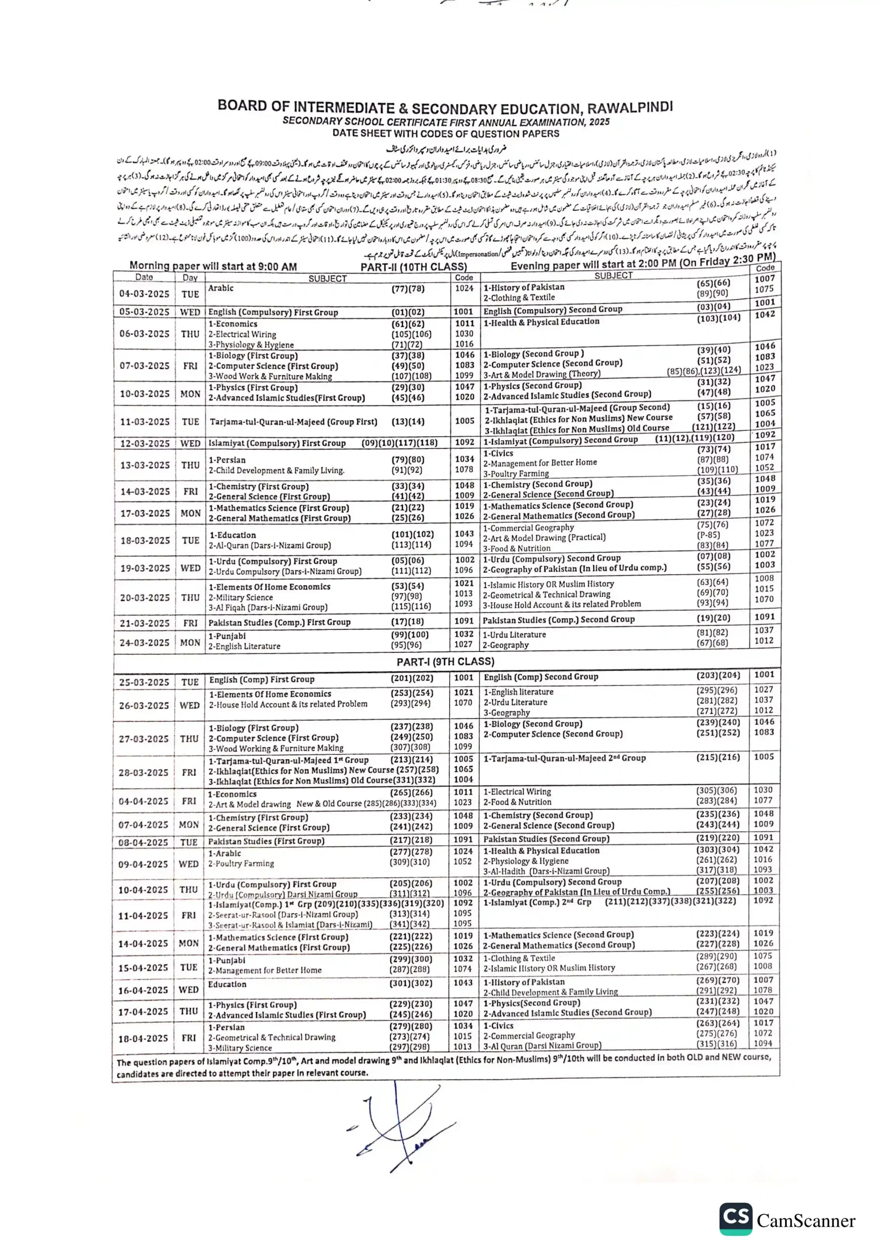 9th Class Date Sheet 2025 Rawalpindi Board